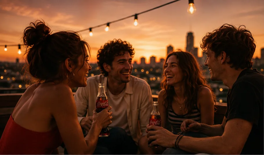Four friends talking on a rooftop at sunset, string lights and a city skyline behind them