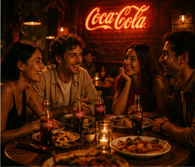 Four friends laughing around a dinner table, a glowing Coca-Cola sign on the brick wall behind them