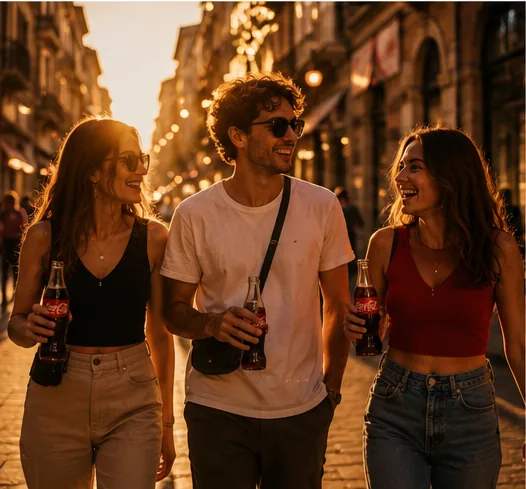Three friends walking together down a sunlit city street