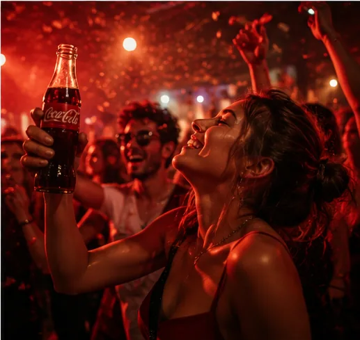 A woman lifting a Coca-Cola bottle above a crowd in deep red party light